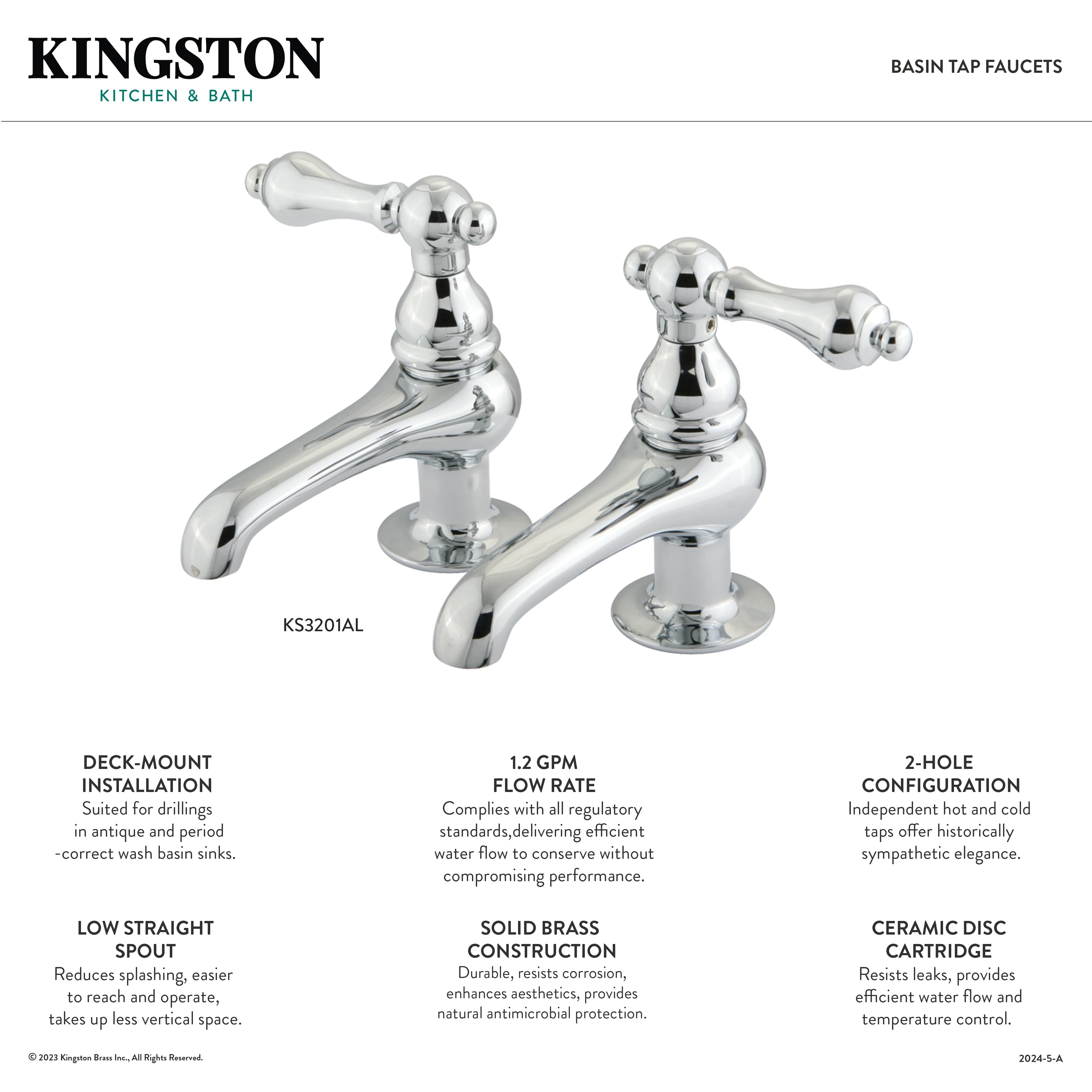 Kingston Heirloom KS3205AX - Restoration Two-Handle Deck Mount Basin Tap Faucet, Oil Rubbed Bronze — thumbnail 2